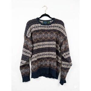 Etchings Vintage Mens Large Geometric Fair Isle Sweater Navy Brown Ramie Blend